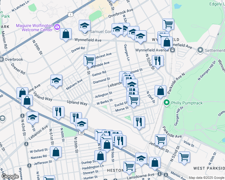 map of restaurants, bars, coffee shops, grocery stores, and more near 5457 Arlington Street in Philadelphia