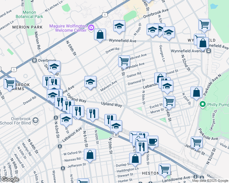 map of restaurants, bars, coffee shops, grocery stores, and more near 2135 North Wanamaker Street in Philadelphia