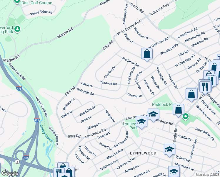 map of restaurants, bars, coffee shops, grocery stores, and more near 232 David Drive in Havertown