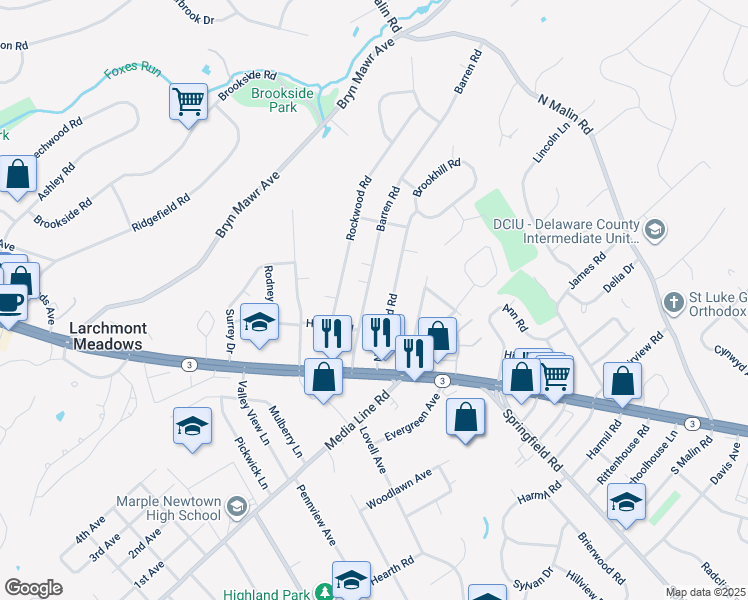 map of restaurants, bars, coffee shops, grocery stores, and more near 33 Barren Road in Newtown Square
