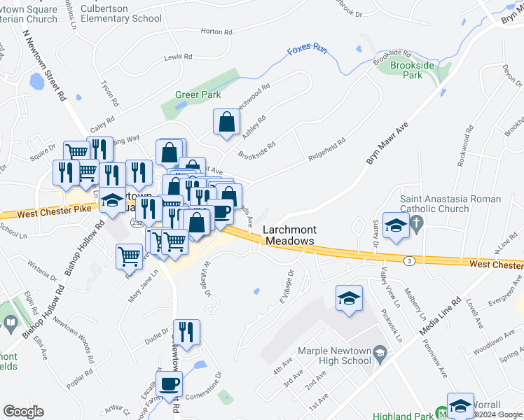 map of restaurants, bars, coffee shops, grocery stores, and more near 3507 Rhoads Avenue in Newtown Square