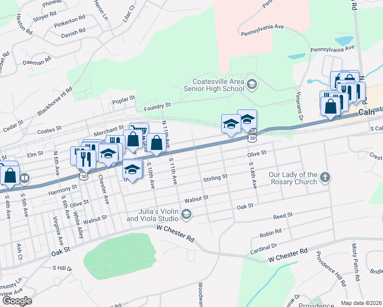 map of restaurants, bars, coffee shops, grocery stores, and more near 1128 East Lincoln Highway in Coatesville