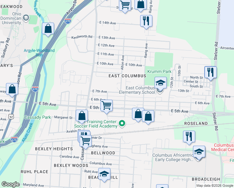 map of restaurants, bars, coffee shops, grocery stores, and more near 797 Alton Avenue in Columbus