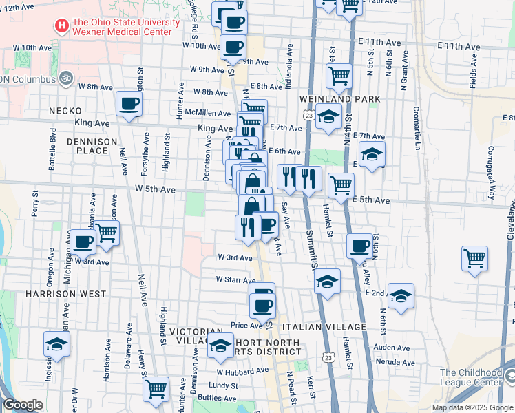 map of restaurants, bars, coffee shops, grocery stores, and more near in Columbus