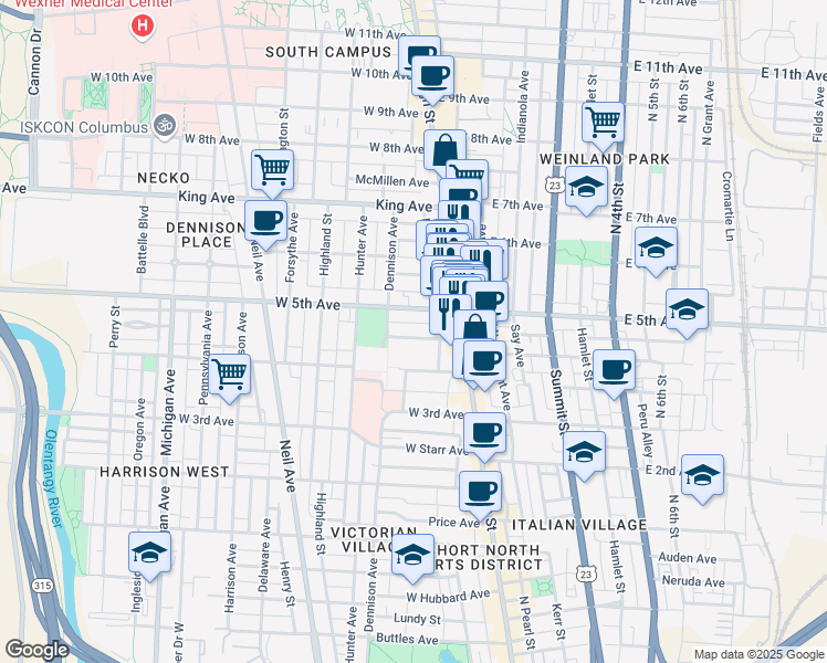 map of restaurants, bars, coffee shops, grocery stores, and more near 51 West 5th Avenue in Columbus