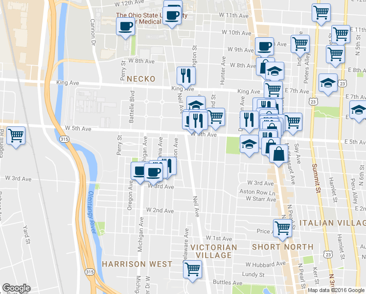 map of restaurants, bars, coffee shops, grocery stores, and more near in Columbus