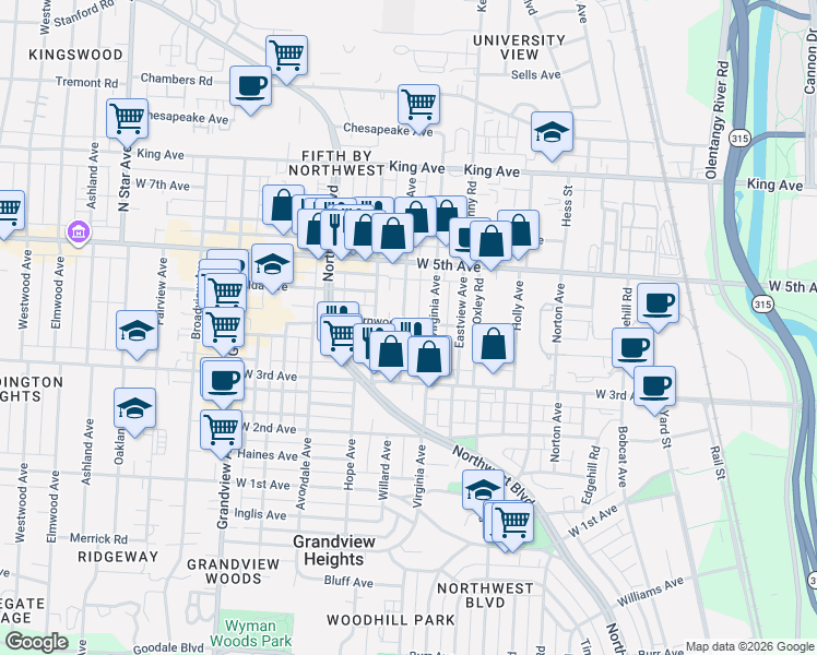 map of restaurants, bars, coffee shops, grocery stores, and more near 1393 Doten Avenue in Columbus