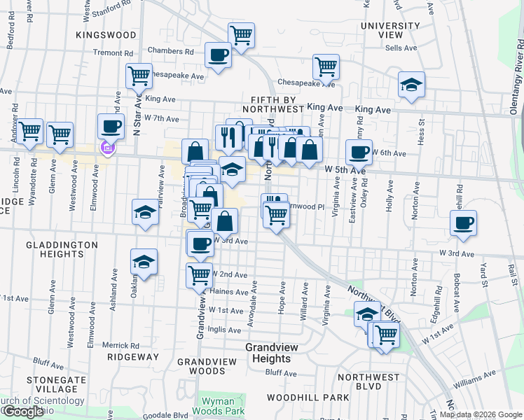 map of restaurants, bars, coffee shops, grocery stores, and more near 1411-1417 Northwest Boulevard in Columbus