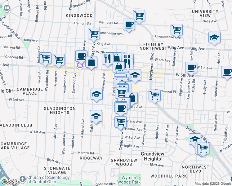 map of restaurants, bars, coffee shops, grocery stores, and more near 1436 Broadview Avenue in Columbus