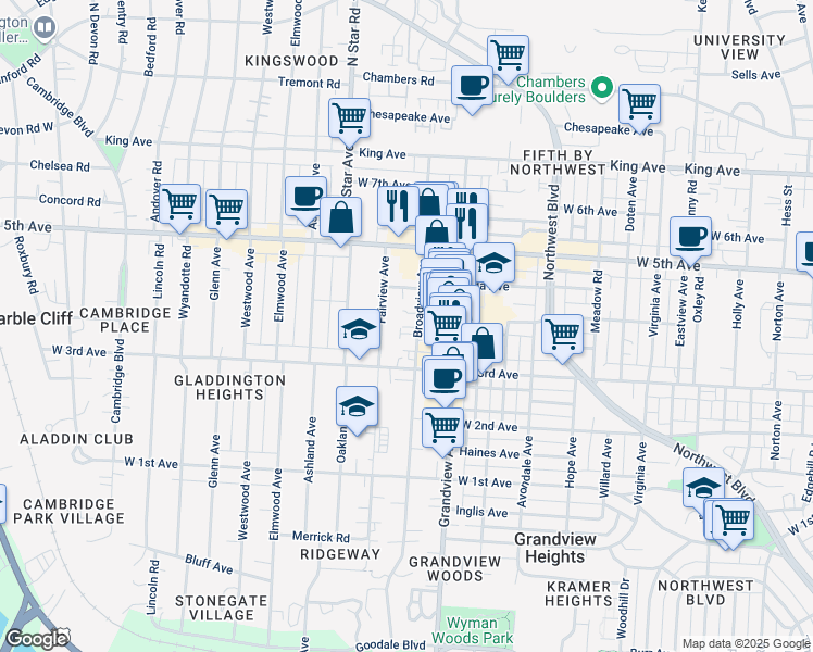 map of restaurants, bars, coffee shops, grocery stores, and more near 1436 Broadview Avenue in Columbus