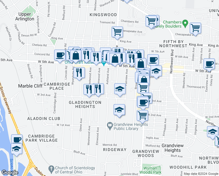 map of restaurants, bars, coffee shops, grocery stores, and more near 1461 Ashland Avenue in Columbus