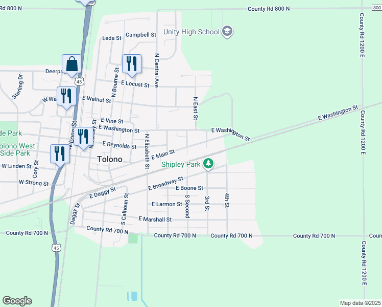 map of restaurants, bars, coffee shops, grocery stores, and more near 506 East Main Street in Tolono