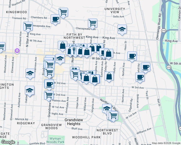 map of restaurants, bars, coffee shops, grocery stores, and more near 1393 Doten Avenue in Columbus