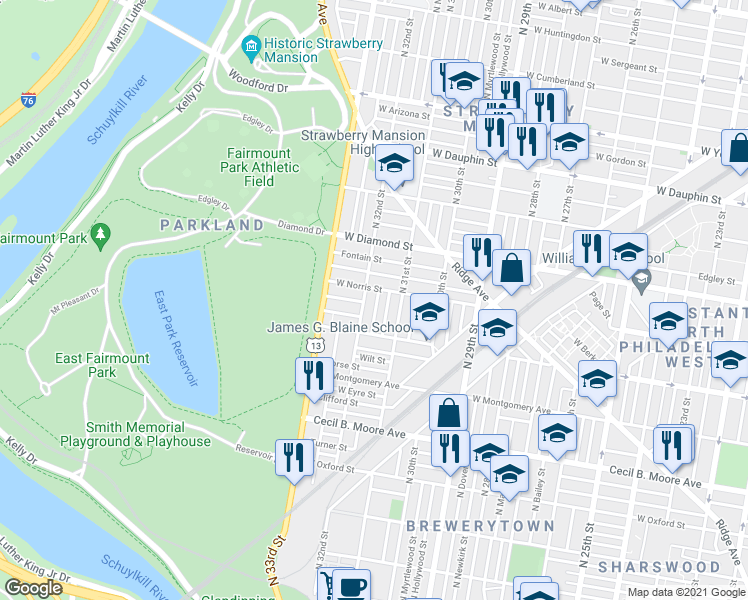 map of restaurants, bars, coffee shops, grocery stores, and more near 1950 North Patton Street in Philadelphia