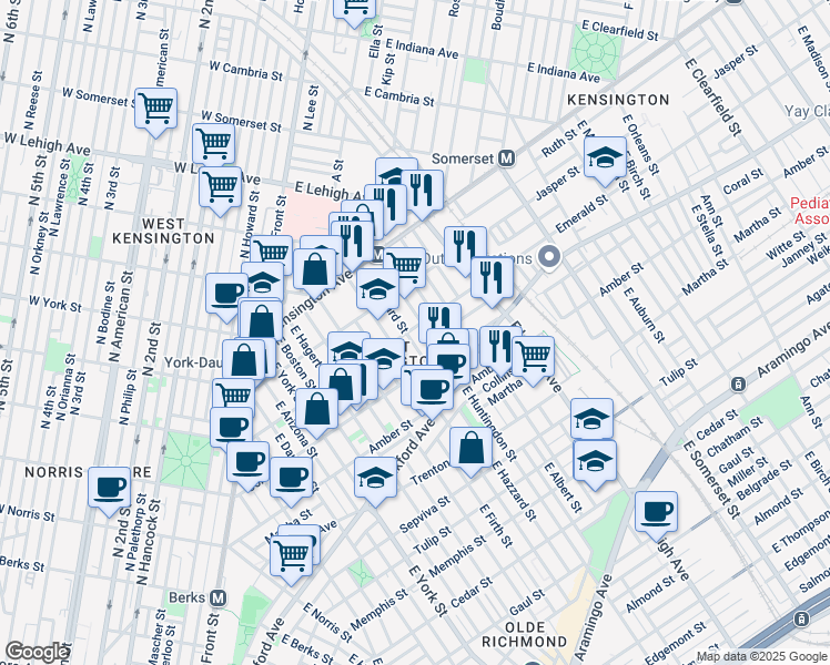 map of restaurants, bars, coffee shops, grocery stores, and more near 2563 Emerald Street in Philadelphia