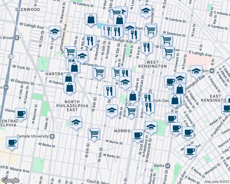 map of restaurants, bars, coffee shops, grocery stores, and more near 2315 North Orkney Street in Philadelphia