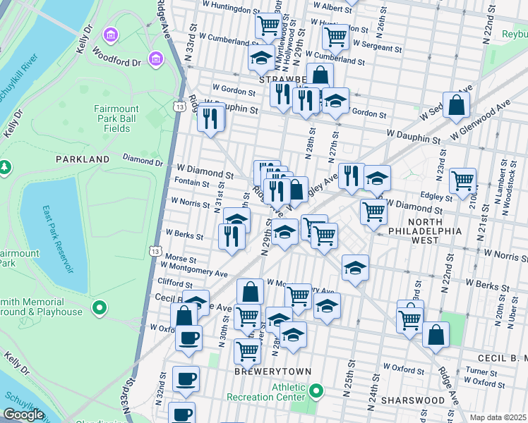 map of restaurants, bars, coffee shops, grocery stores, and more near 2915 West Norris Street in Philadelphia