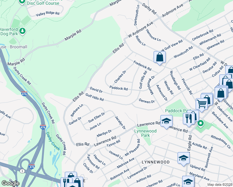 map of restaurants, bars, coffee shops, grocery stores, and more near 240 David Drive in Havertown