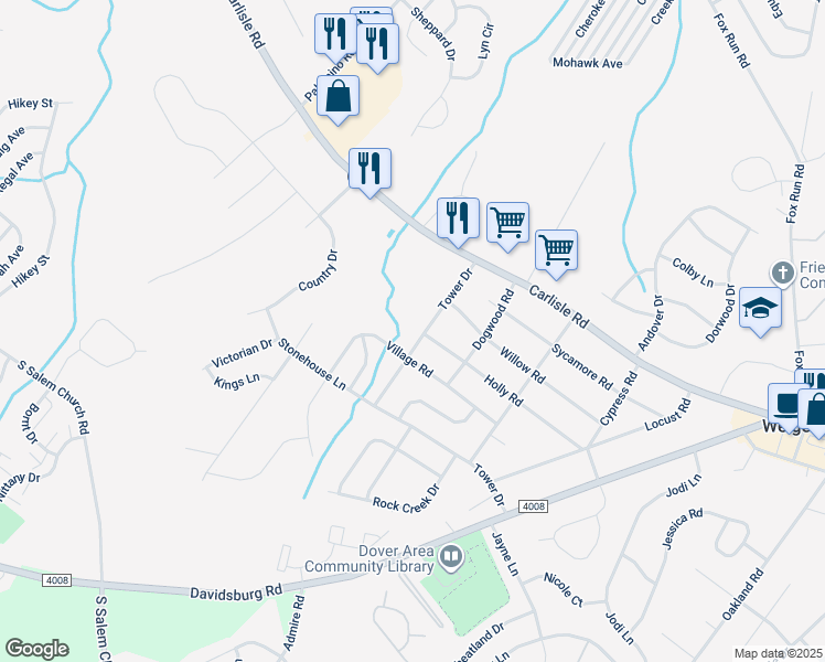 map of restaurants, bars, coffee shops, grocery stores, and more near 2401 Tower Drive in Dover