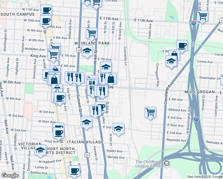 map of restaurants, bars, coffee shops, grocery stores, and more near 328 East 5th Avenue in Columbus