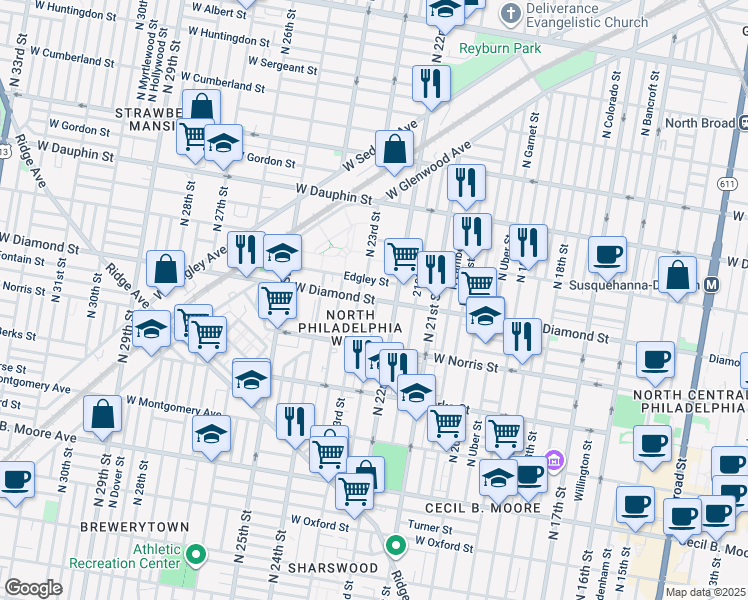 map of restaurants, bars, coffee shops, grocery stores, and more near 2220 West Diamond street in Philadelphia