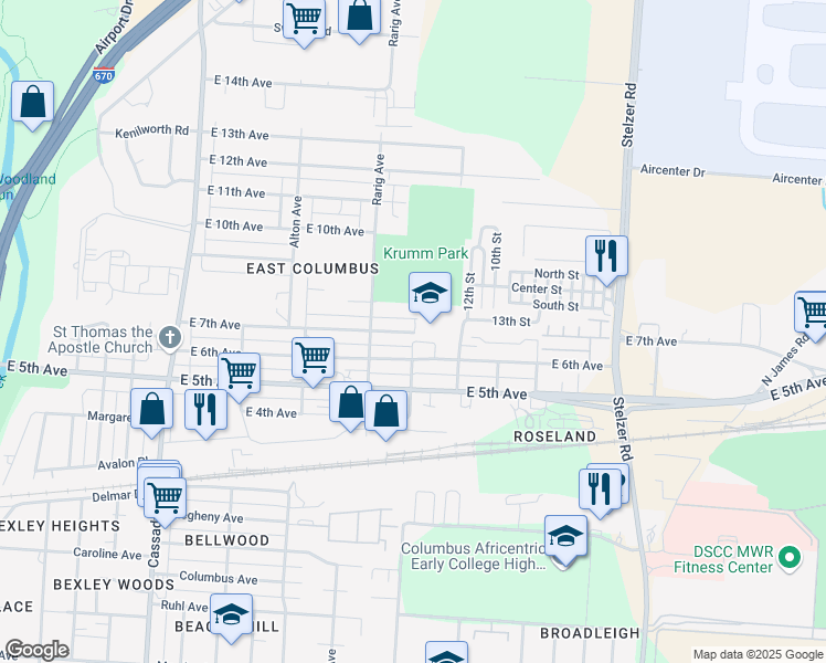 map of restaurants, bars, coffee shops, grocery stores, and more near 3100 East 7th Avenue in Columbus