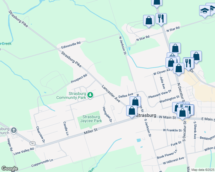 map of restaurants, bars, coffee shops, grocery stores, and more near 216 Lancaster Avenue in Strasburg
