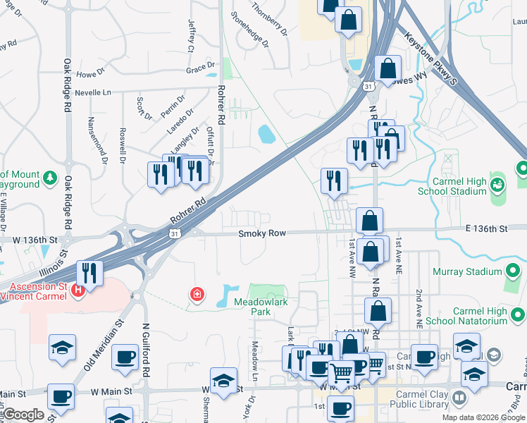 map of restaurants, bars, coffee shops, grocery stores, and more near 416 Smokey Row Road in Carmel