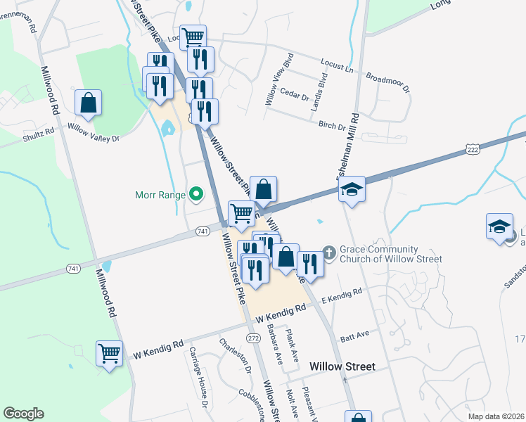 map of restaurants, bars, coffee shops, grocery stores, and more near 2600 Willow Street Pike North in Willow Street