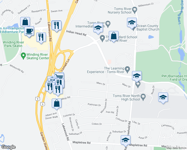 map of restaurants, bars, coffee shops, grocery stores, and more near Baltusrol Court in Toms River