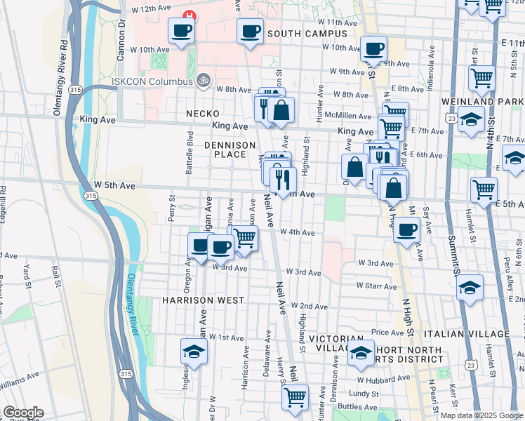 map of restaurants, bars, coffee shops, grocery stores, and more near in Columbus