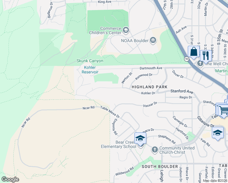 map of restaurants, bars, coffee shops, grocery stores, and more near 2100 Kohler Drive in Boulder