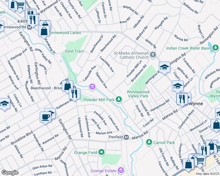 map of restaurants, bars, coffee shops, grocery stores, and more near 1311 Delmont Avenue in Havertown