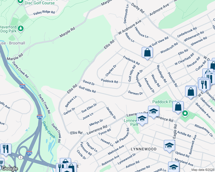 map of restaurants, bars, coffee shops, grocery stores, and more near 240 David Drive in Havertown