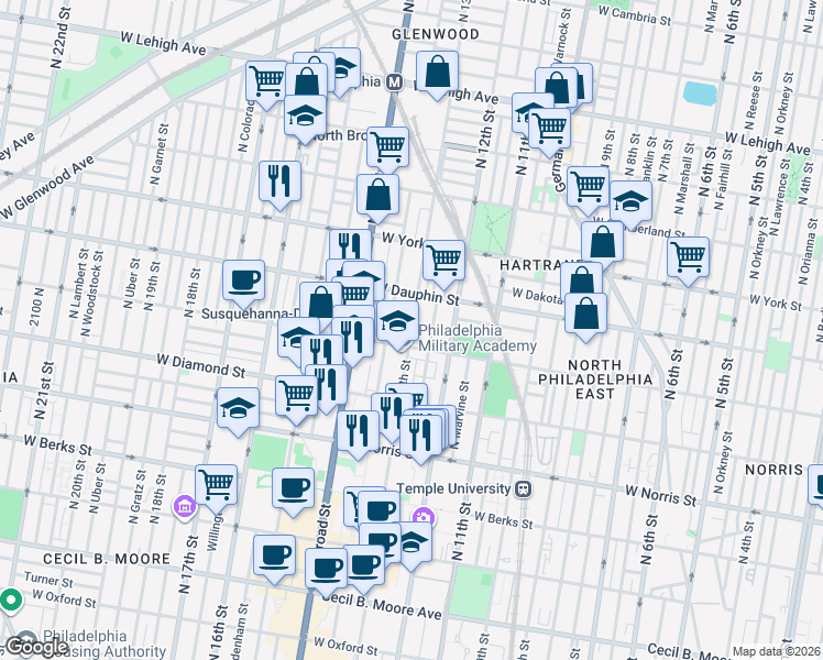 map of restaurants, bars, coffee shops, grocery stores, and more near 2239 North Park Avenue in Philadelphia