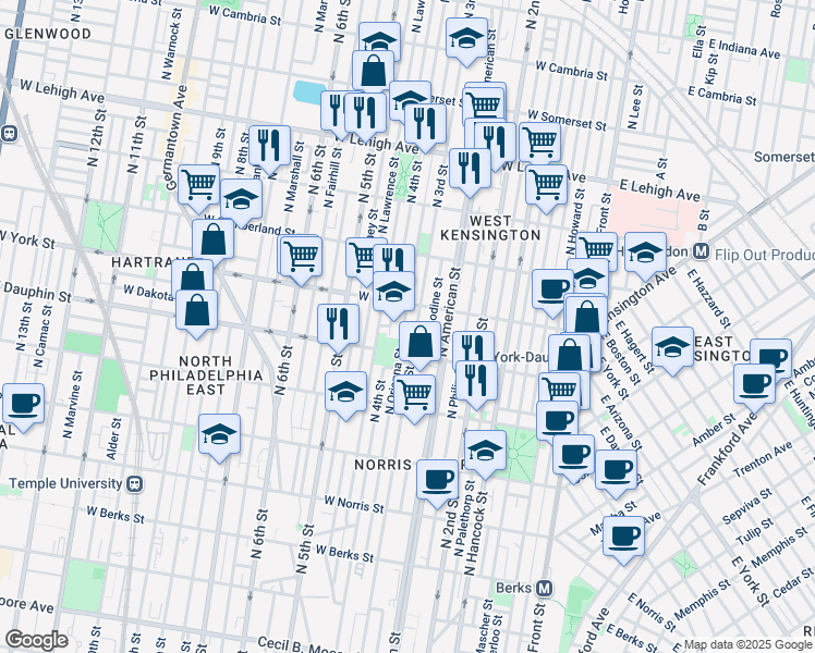 map of restaurants, bars, coffee shops, grocery stores, and more near 2337 North Orianna Street in Philadelphia