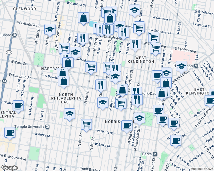 map of restaurants, bars, coffee shops, grocery stores, and more near 2320 North Lawrence Street in Philadelphia