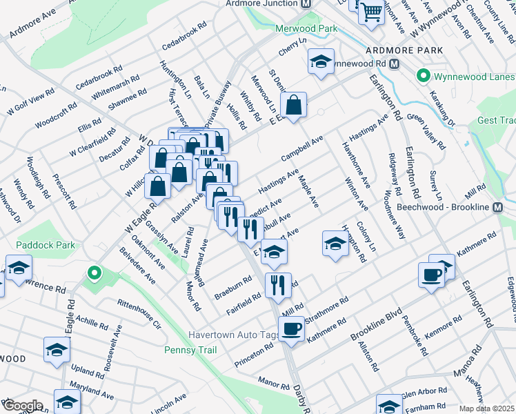 map of restaurants, bars, coffee shops, grocery stores, and more near 32 East Benedict Avenue in Havertown