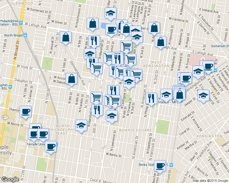 map of restaurants, bars, coffee shops, grocery stores, and more near 2319 North 5th Street in Philadelphia