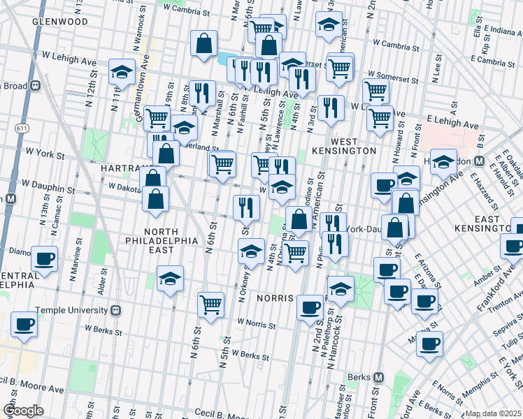 map of restaurants, bars, coffee shops, grocery stores, and more near 2320 North Lawrence Street in Philadelphia