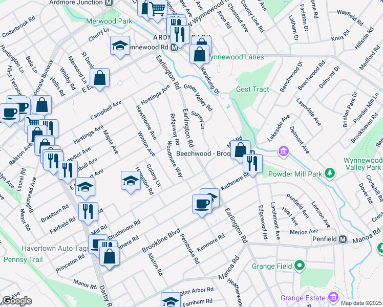 map of restaurants, bars, coffee shops, grocery stores, and more near 1618 Earlington Road in Havertown