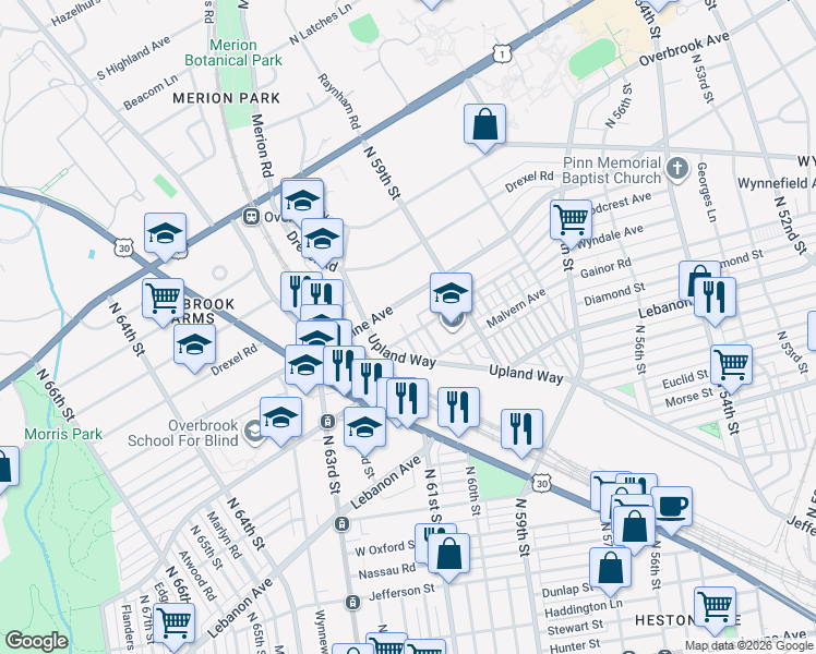 map of restaurants, bars, coffee shops, grocery stores, and more near 5969 Woodcrest Avenue in Philadelphia