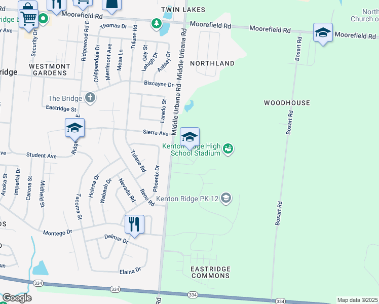 map of restaurants, bars, coffee shops, grocery stores, and more near 4444 Middle Urbana Road in Springfield