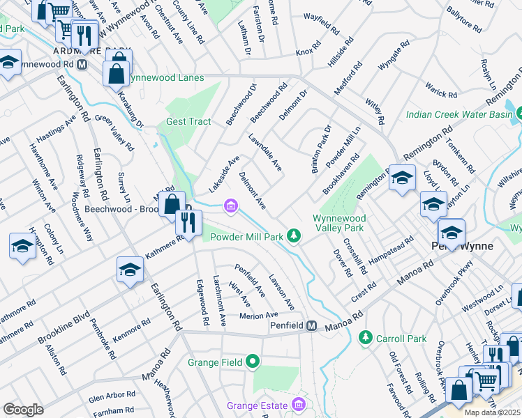 map of restaurants, bars, coffee shops, grocery stores, and more near 1321 Delmont Avenue in Havertown
