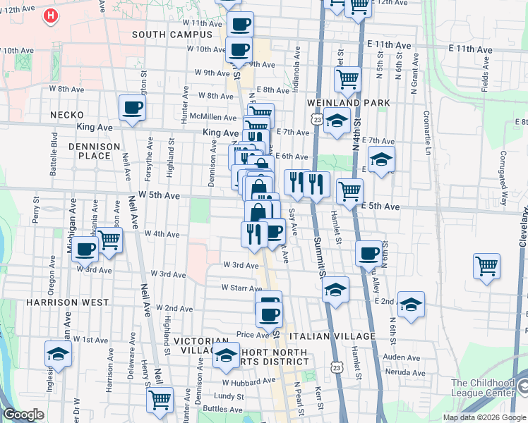 map of restaurants, bars, coffee shops, grocery stores, and more near in Columbus