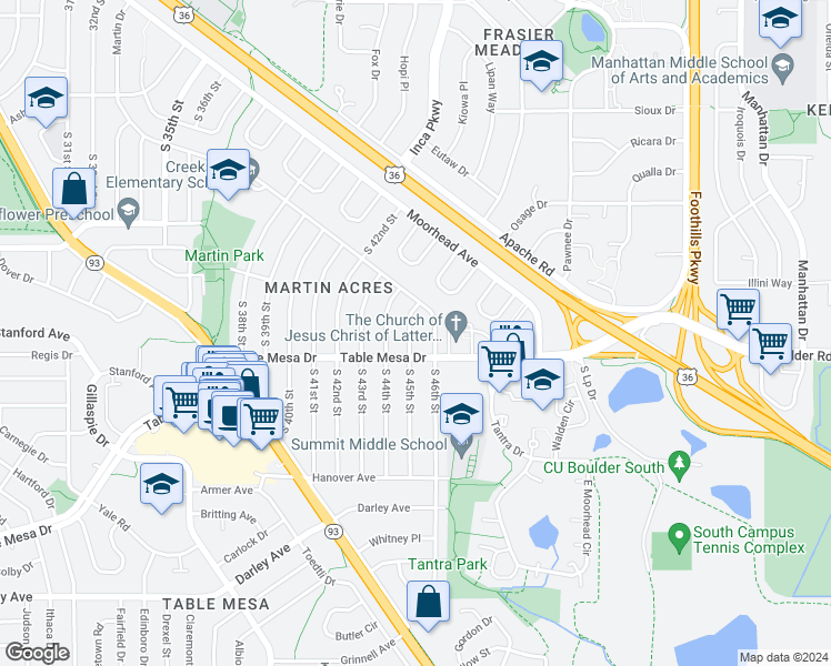 map of restaurants, bars, coffee shops, grocery stores, and more near 440 South 45th Street in Boulder
