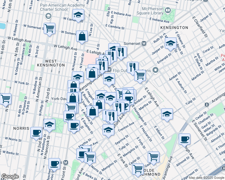map of restaurants, bars, coffee shops, grocery stores, and more near 1900 East Sergeant Street in Philadelphia