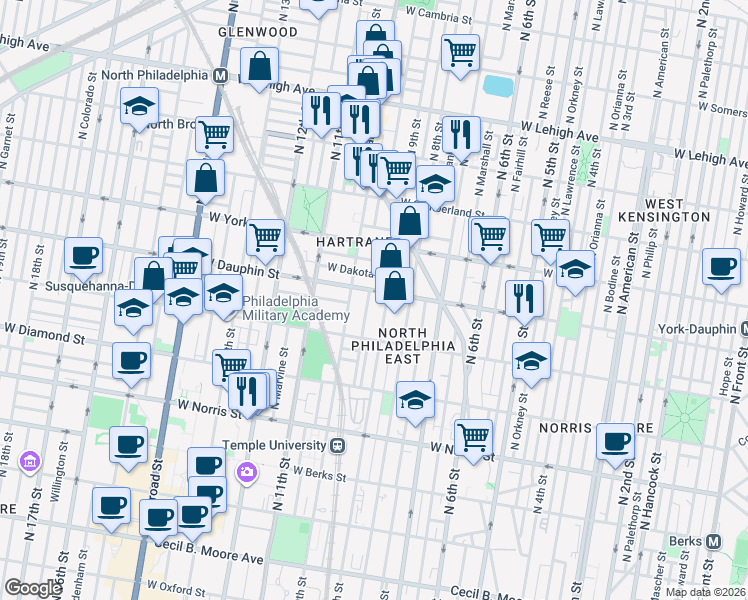 map of restaurants, bars, coffee shops, grocery stores, and more near 2253 North Delhi Street in Philadelphia