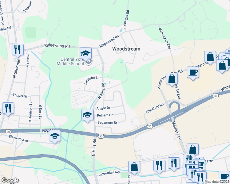 map of restaurants, bars, coffee shops, grocery stores, and more near 1748 San Gabriel Drive in York