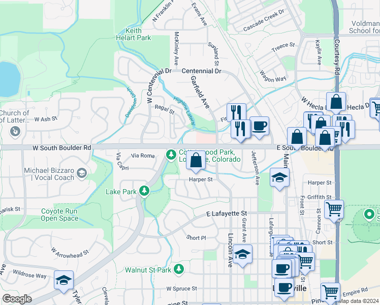 map of restaurants, bars, coffee shops, grocery stores, and more near 307 West South Boulder Road in Louisville